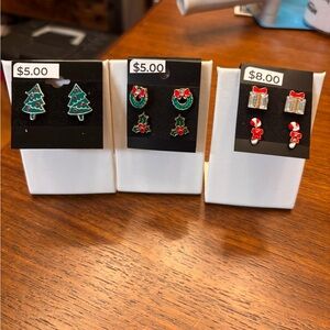 5 new pairs of holiday Christmas stud earrings bling enamel tree wreath gift